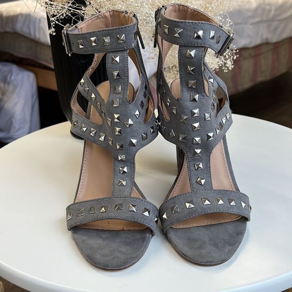 Grey Heeled Sandals with Silver Studs - Picture 2 of 10